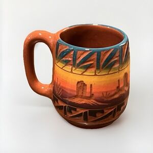 Southwestern Desert Handmade Pottery Red Clay Etched Artist Signed Coffee Mug